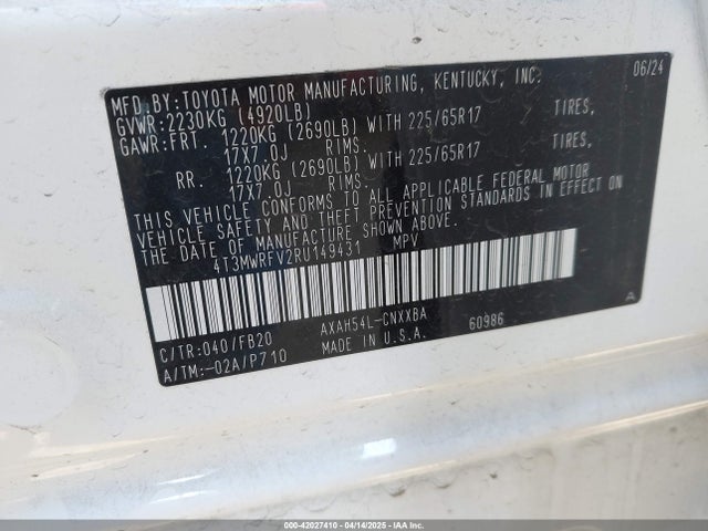 Aukcja sprzedaży 2024 Toyota Rav4 Hybrid Le, vin: 4T3MWRFV2RU149431, numer aukcji: 42027410