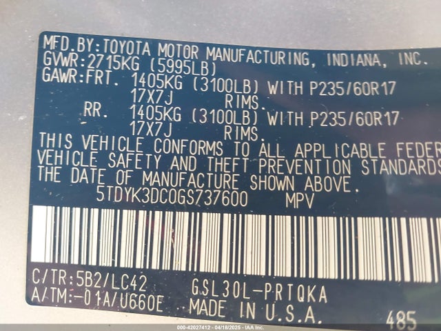 5TDYK3DC0GS737600 Toyota Sienna Xle 8 Passenger