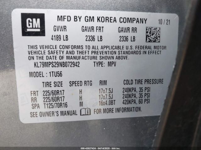 KL79MPS29NB072942 Chevrolet Trailblazer Fwd Lt