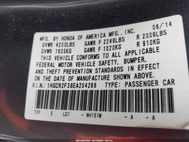 1HGCR2F38EA254266 Honda ACCORD LX