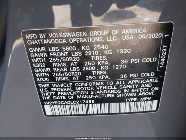 1V2YE2CA0LC217456 Volkswagen Atlas Cross Sport 3.6l V6 Se W/technology/3.6l V6 Se W/technology R-line