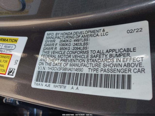 1HGCV3F98NA014690 Honda Accord Hybrid Touring