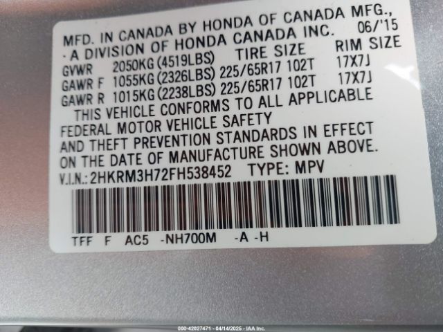 2HKRM3H72FH538452 Honda Cr-v Ex-l