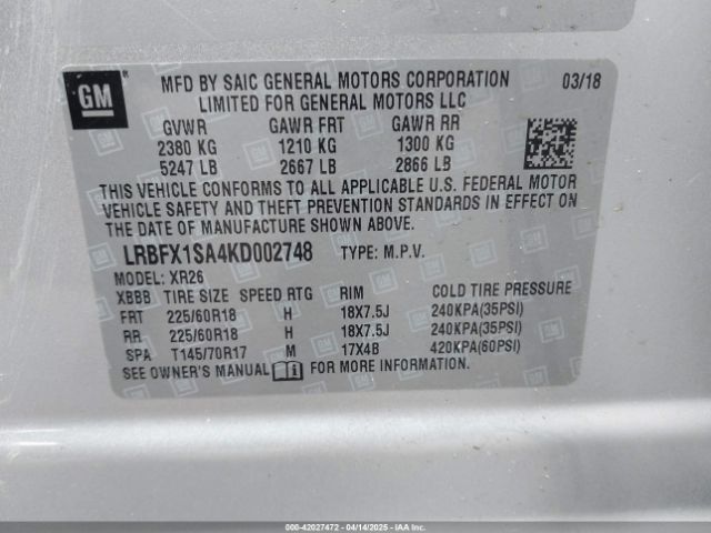 LRBFX1SA4KD002748 Buick Envision Awd Preferred