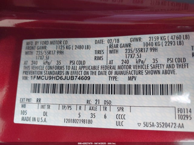 1FMCU9HD6JUB74609 Ford ESCAPE SEL