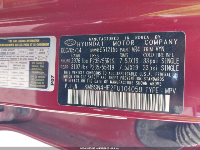 KM8SN4HF2FU104058 Hyundai Santa Fe Limited