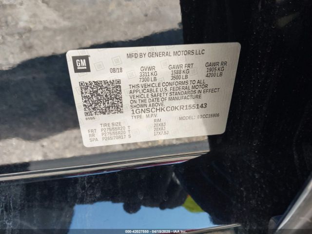 1GNSCHKC0KR155143 Chevrolet Suburban Lt