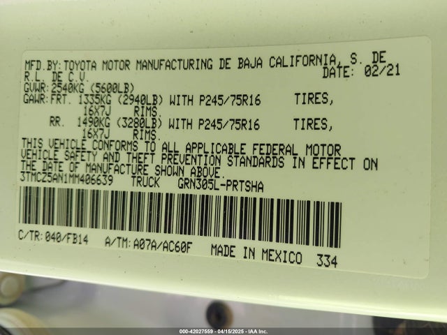 3TMCZ5AN1MM406639 Toyota Tacoma Sr V6
