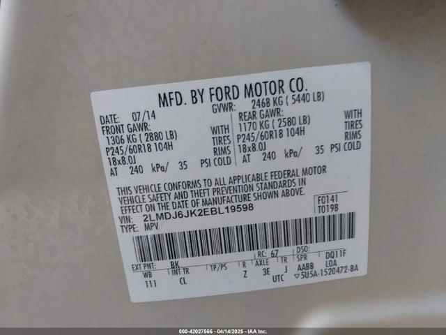 2LMDJ6JK2EBL19598 Lincoln MKX