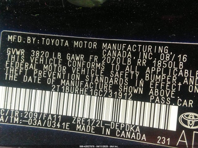 2T1BURHE1GC731912 Toyota COROLLA L