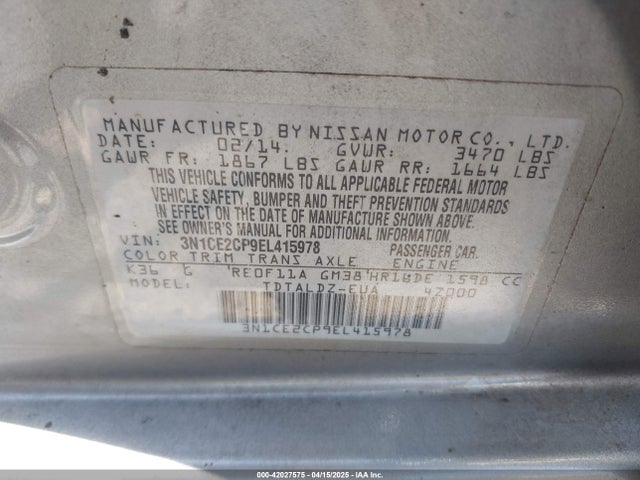 3N1CE2CP9EL415978 Nissan Versa Note Sv