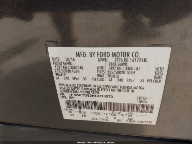 1FM5K7D89HGB14070 Ford EXPLORER XLT