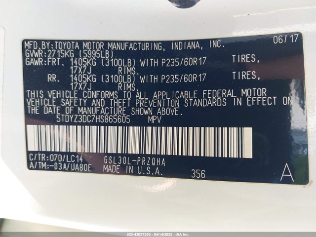 5TDYZ3DC7HS865605 Toyota Sienna Xle Premium 8 Passenger