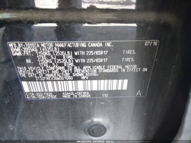 2T3ZFREV3GW301060 Toyota RAV4 LE