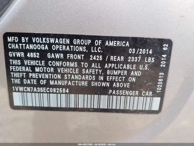 1VWCN7A35EC082584 Volkswagen Passat 2.0l Tdi Sel Premium