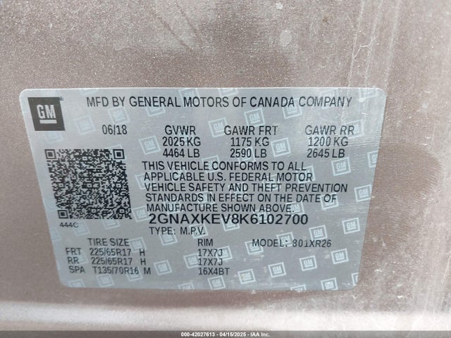 2GNAXKEV8K6102700 Chevrolet EQUINOX LT