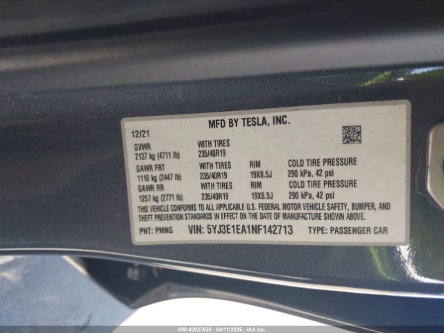5YJ3E1EA1NF142713 Tesla Model 3 Rear-wheel Drive