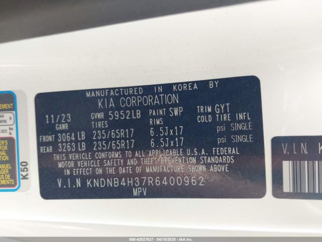 KNDNB4H37R6400962 KIA Carnival Mpv Lx Seat Package