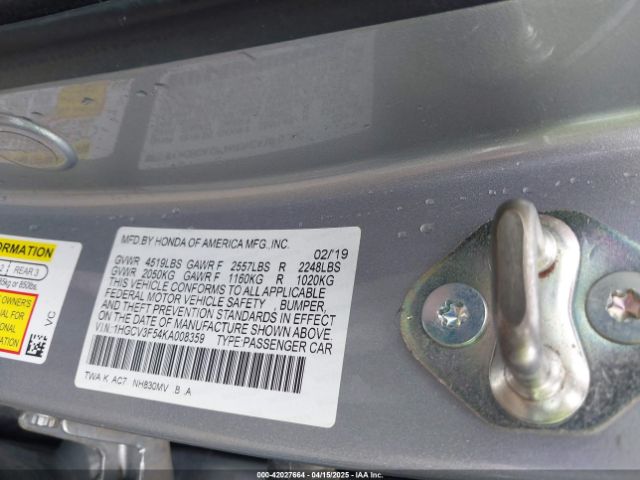 1HGCV3F54KA008359 Honda Accord Hybrid Ex-l
