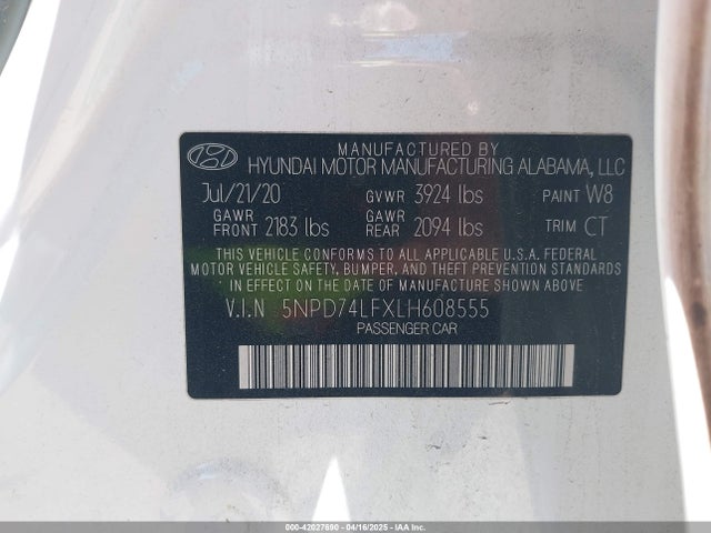 5NPD74LFXLH608555 Hyundai ELANTRA SE