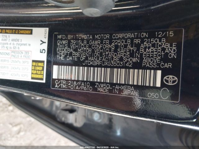 JTDKBRFUXG3503142 Toyota Prius Two