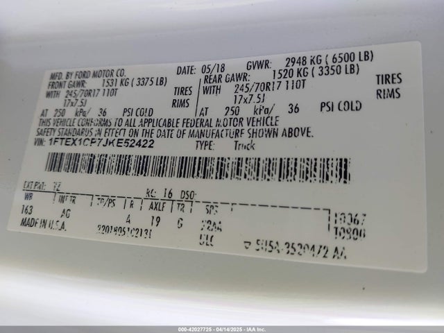 1FTEX1CP7JKE52422 Ford F-150 Xl