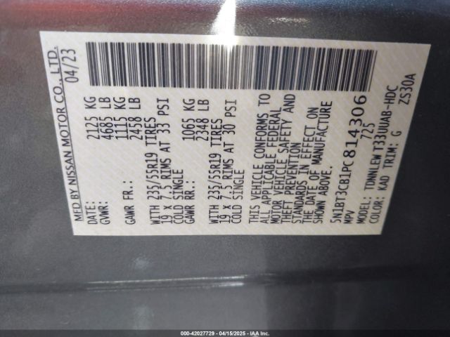 5N1BT3CB1PC814306 Nissan Rogue Sl Intelligent Awd