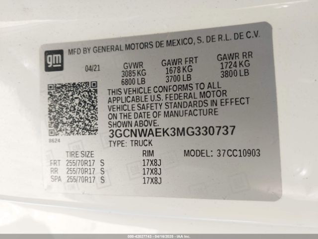 3GCNWAEK3MG330737 Chevrolet Silverado 1500 2wd  Long Bed Wt