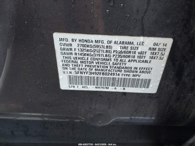 5FNYF3H92EB024914 Honda Pilot Touring
