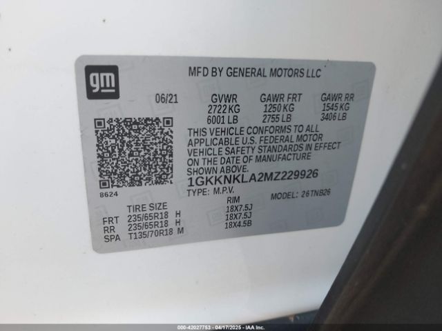 1GKKNKLA2MZ229926 GMC Acadia Fwd Sle