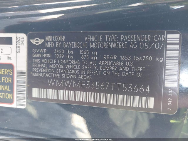 2007 MINI COOPER WMWMF33567TT53664 Photo 8