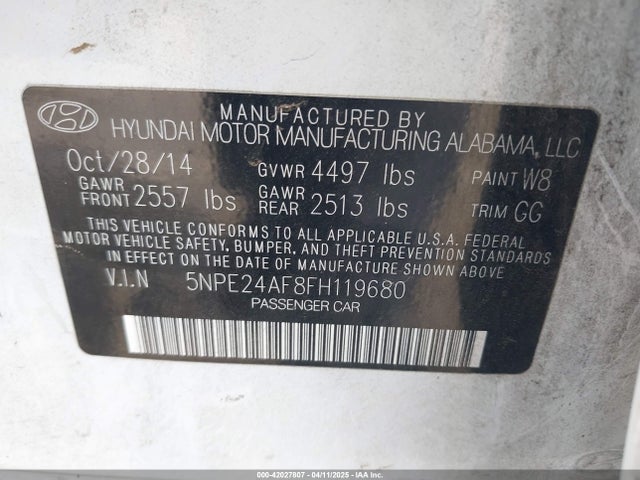 5NPE24AF8FH119680 Hyundai SONATA SE