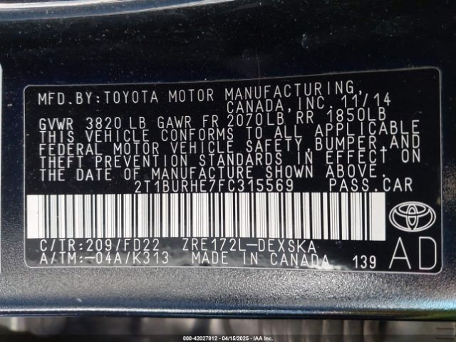2T1BURHE7FC315569 Toyota Corolla S