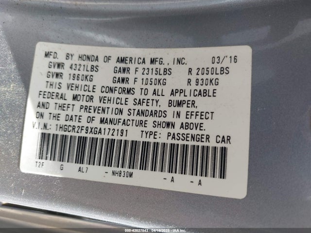 1HGCR2F9XGA172191 Honda Accord Ex-l
