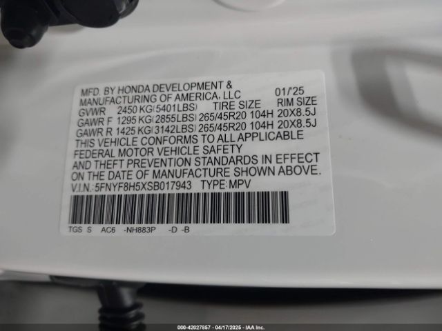 5FNYF8H5XSB017943 Honda Passport Awd Ex-l