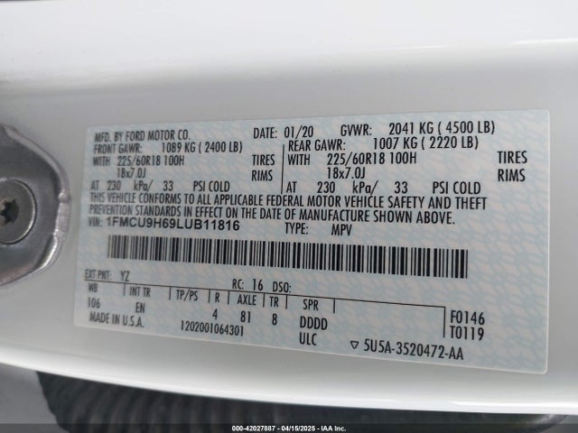 1FMCU9H69LUB11816 Ford ESCAPE SEL