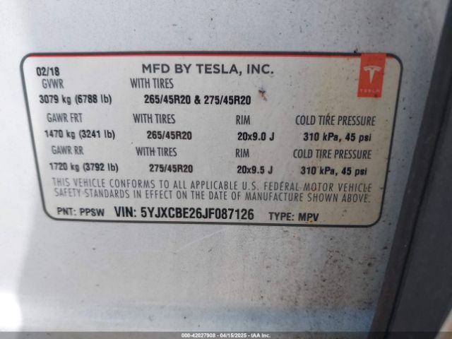5YJXCBE26JF087126 Tesla Model X 100d/75d/p100d