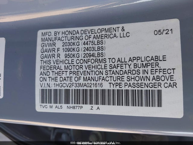 1HGCV2F33MA021616 Honda k20c4