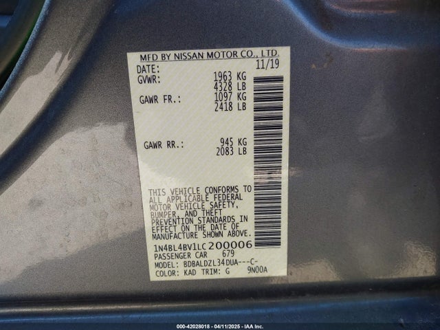 1N4BL4BV1LC200006 Nissan Altima S Fwd