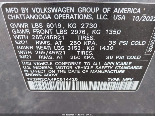 1V2FR2CA4PC514425 Volkswagen Atlas 3.6l V6 Sel Premium R-line