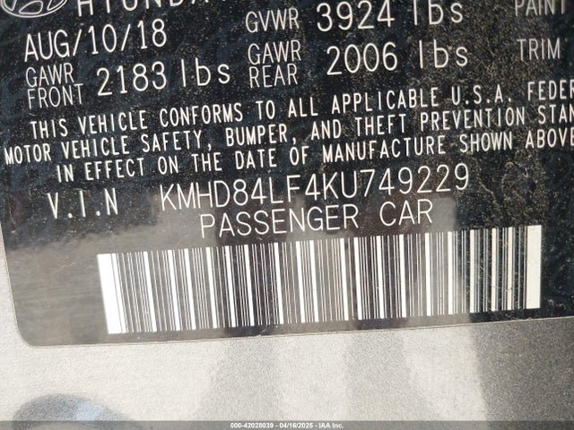 KMHD84LF4KU749229 Hyundai ELANTRA SEL