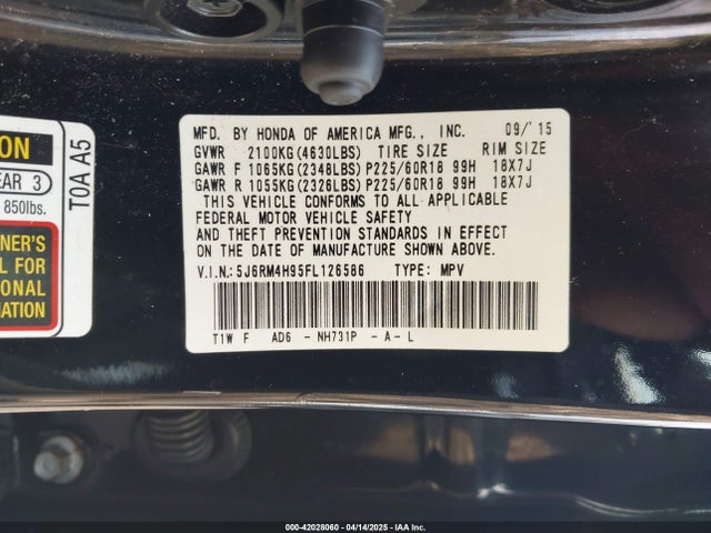 5J6RM4H95FL126586 Honda Cr-v Touring