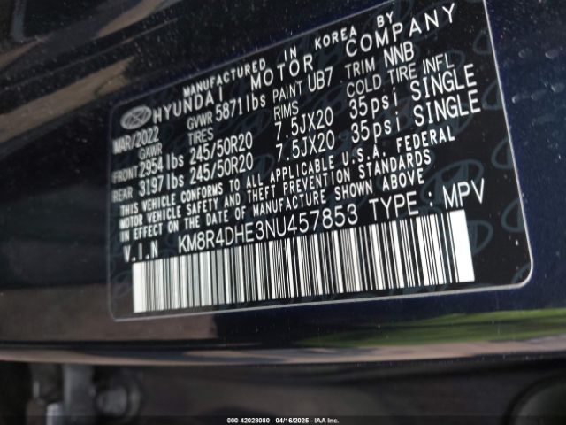 KM8R4DHE3NU457853 Hyundai Palisade Sel