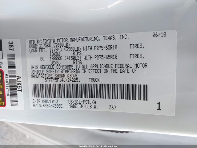 5TFFY5F14JX242251 Toyota Tundra Limited 5.7l V8