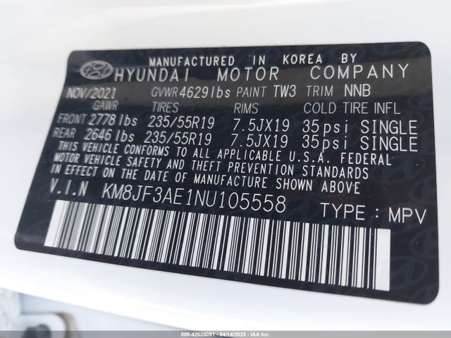 KM8JF3AE1NU105558 Hyundai Tucson Xrt