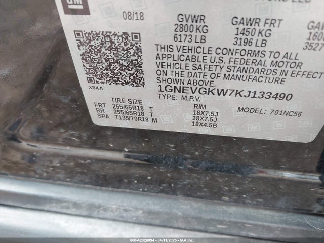 1GNEVGKW7KJ133490 Chevrolet Traverse 1lt