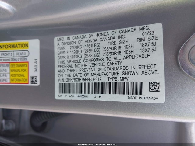 2HKRS3H75PH302319 Honda Cr-v Ex-l 2wd