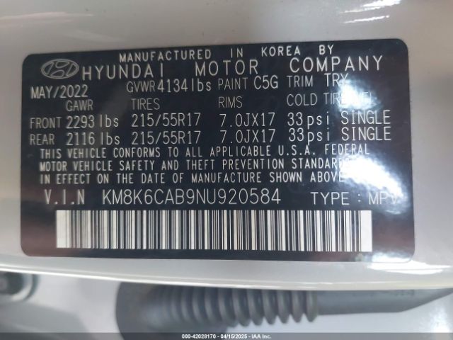 KM8K6CAB9NU920584 Hyundai Kona Sel