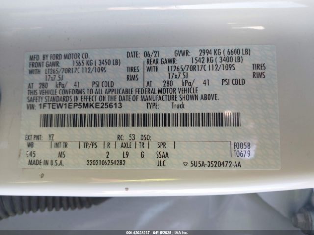 1FTEW1EP5MKE25613 Ford F-150 Xlt