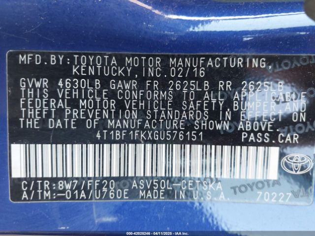 4T1BF1FKXGU576151 Toyota CAMRY SE